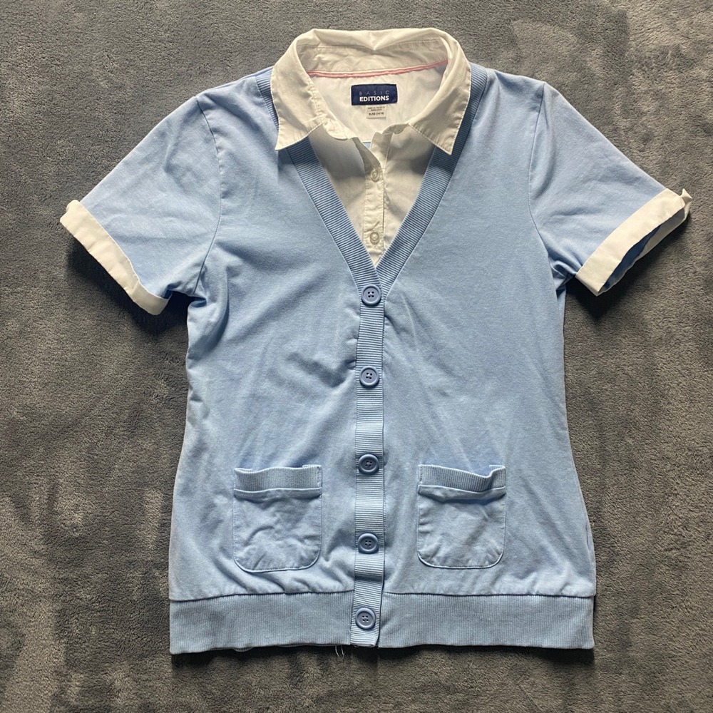 Basic Editions Blue Short Sleeve 2-in-1 Cardigan Layered Shirt Top YouthXL 14/16